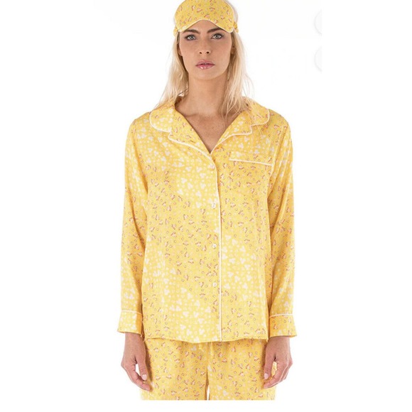 Plush Apparel Silky Yellow Floral 3Pc Pajama Set Top Pants And Eye Mash Sz Med - Picture 1 of 7